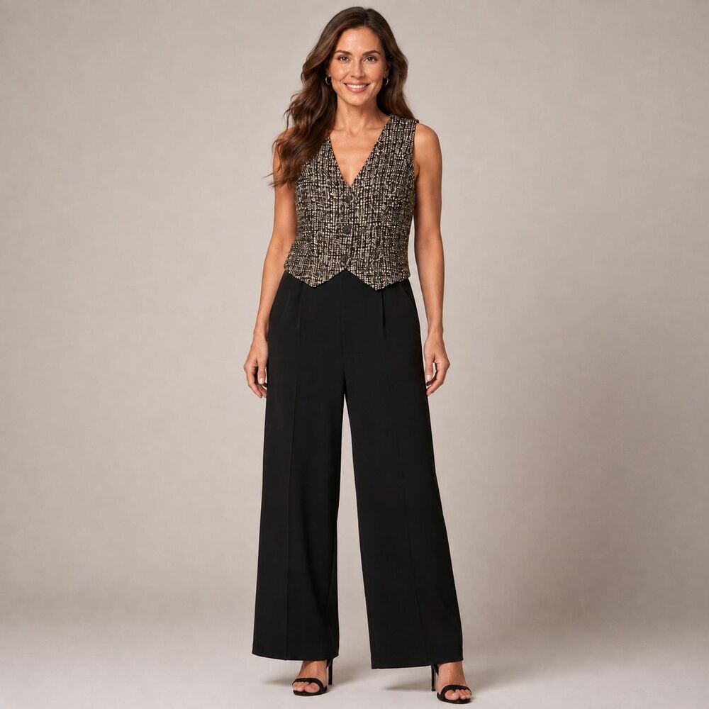 Donna Karan Jumpsuit 16 Tweed Vest Bodice Black Wide Leg Sleeveless V-Neck